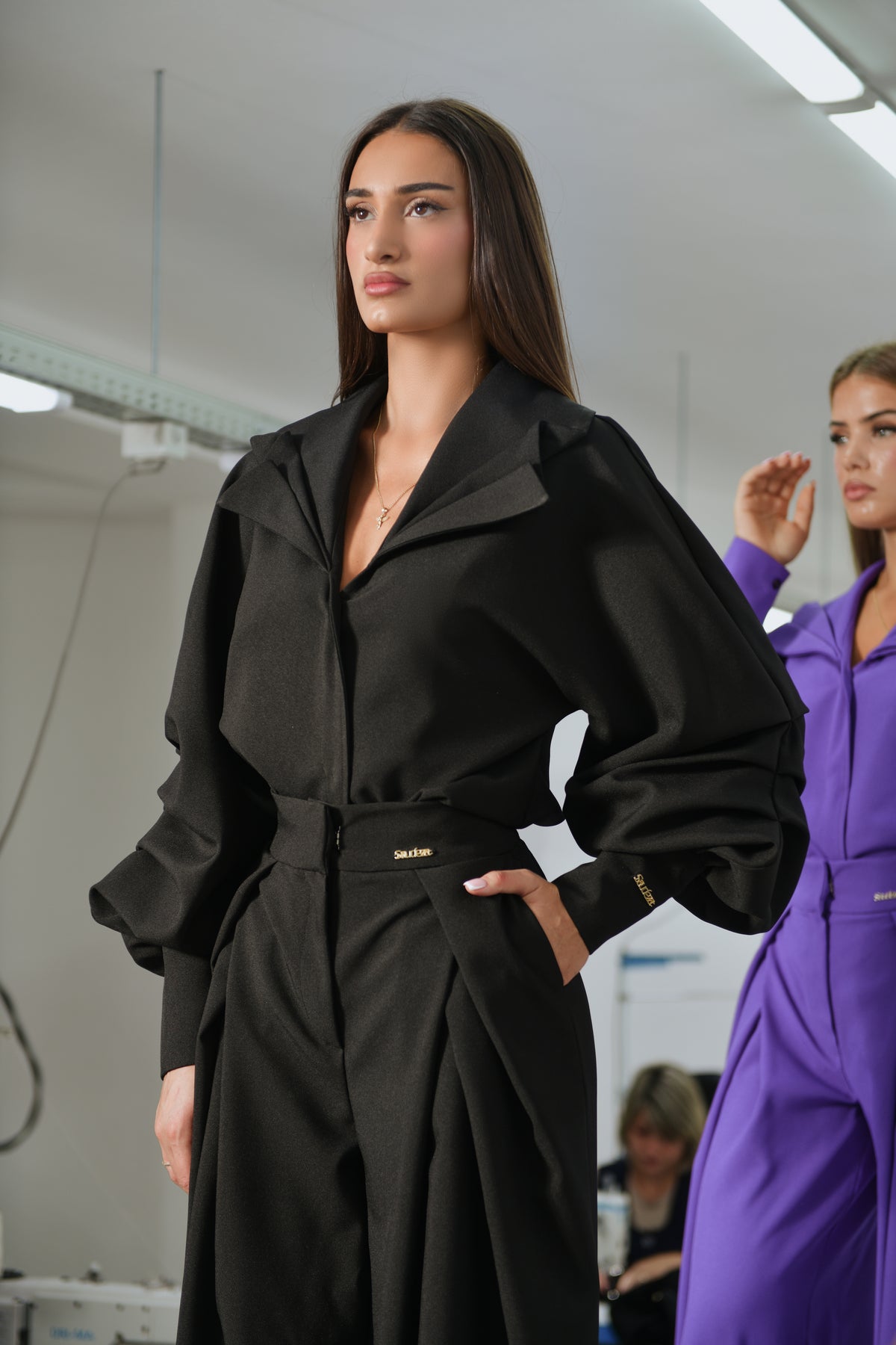 Look from the SAUDEZA Fall’26 collection, photographed in the Tirana atelier