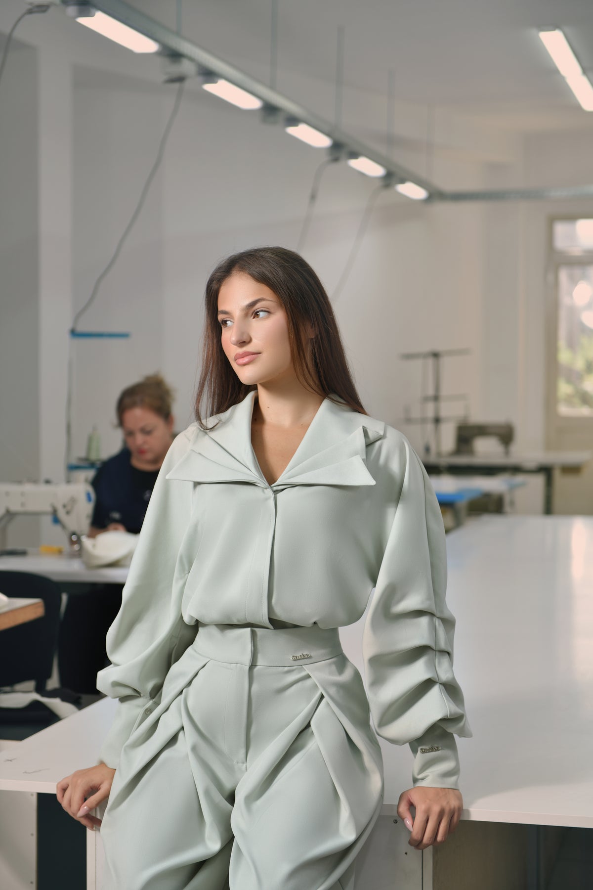 Look from the SAUDEZA Fall’26 collection, photographed in the Tirana atelier