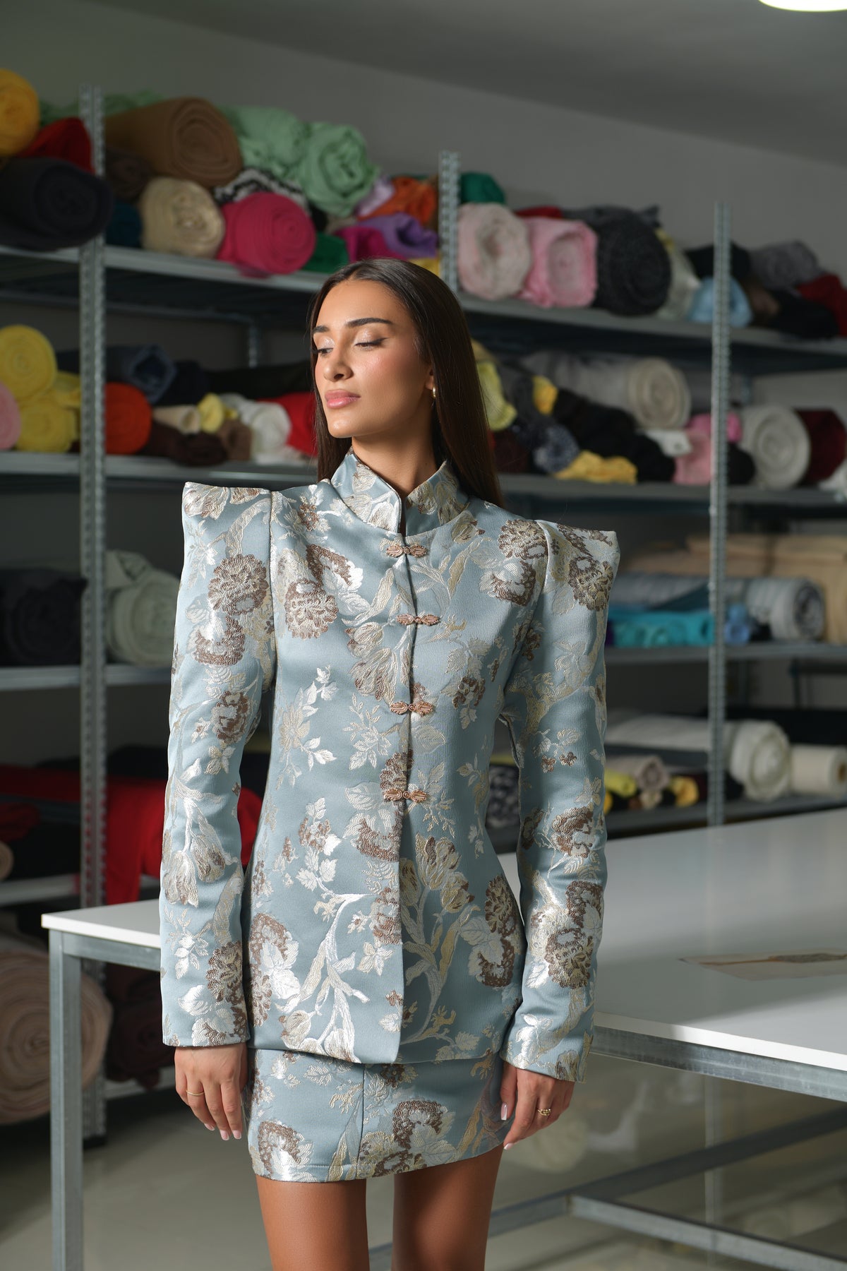 Look from the SAUDEZA Fall’26 collection, photographed in the Tirana atelier